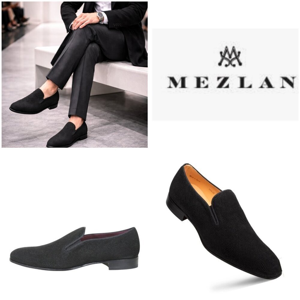 Mezlan Crespi Venetian Loafers Men’s 10M Black Glass Suede Slip-On Dress Shoes